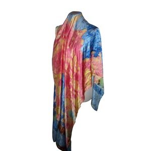 Vibrant Abstract Print Silky Feel Scarf Shawl Wrap Blue Pink Yellow 35x70" Large